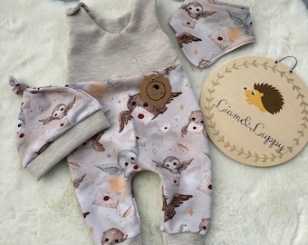 Baby Strampler Romper Latzhose Baby Newborn Waffel Jersey Beige Romper Hose French Terry  Zauberschule Eulen unisex beige Romper