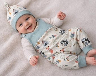 Baby Romper Dungarees Baby Newborn Waffle Jersey Mint Beige Romper Pants French Terry Woodland Friends Woodland Animals Boho Unisex
