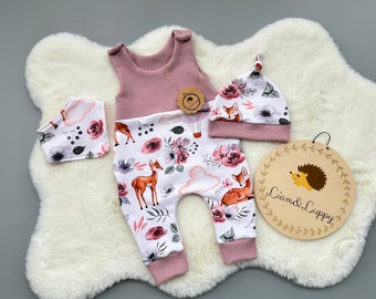 Strampler Baby Set Mädchen Einteiler, Babykleidung, Strampler Set Kinder Geschenk Baby Strampler Mütze und Halstuch  Reh Rosa Blumen