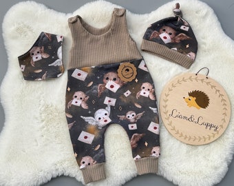 Baby Strampler Romper Latzhose Baby Newborn Waffel Jersey Beige Romper Hose French Terry  Zauberschule Eulen unisex beige Romper