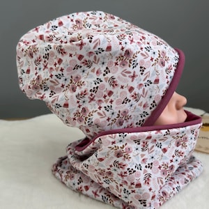 Set of beanie and loop | Gift idea for baby girls | Children&#39;s reversible hat and scarf | Gift set for children and babies | Pink flowers