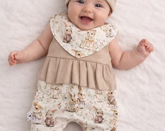 Boho Baby Outfit for Girls | Bunny Romper Set | Newborn Set with Hat and Scarf | Handmade Baby Clothes