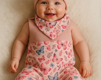 Baby Girl Set – Butterfly Overalls, Hat & Scarf – Handmade Organic Cotton – Newborn Outfit, Gift for Birth