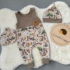 Romper baby beige one-piece, baby clothes, romper set children gift idea romper hat and scarf wild animals, forest friends