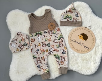 Romper baby beige one-piece, baby clothes, romper set children's gift idea romper hat and scarf wild animals, forest friends