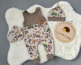 Romper baby beige one-piece, baby clothes, romper set children gift idea romper hat and scarf wild animals, forest friends