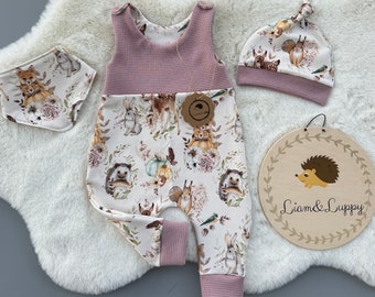 Strampler Baby Set Mädchen Einteiler, Babykleidung, Strampler Set Kinder Geschenk Baby Strampler Mütze und Halstuch Waldtiere Fuchs Igel reh