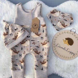 Romper baby beige one-piece, baby clothes, romper set children gift idea romper hat and scarf beige, birds