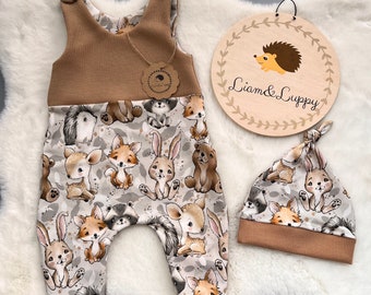 Baby Romper Romper Dungarees Baby Newborn Waffle Jersey camel Beige Romper Pants FrenchTerry Romper Forest Friends Squirrel Hedgehog Bear