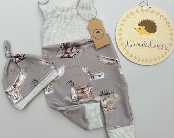 Baby Romper with Hat – Owl Motif – Handmade Baby Outfit – Grey Beige – Baby Overall Boys Girls – Gift for Birth
