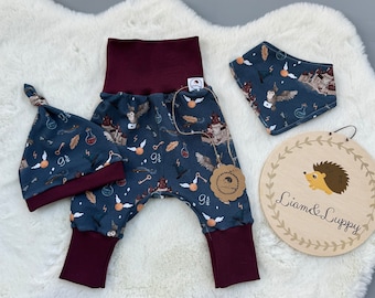 Conjunto bebé: pantalón, gorro y bandana, canastilla, conjunto recién nacido, pantalón harén niña/niño, escuela mágica, gorros mágicos, búhos