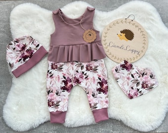 Baby Romper Romper Dungarees Baby Suit Girls Romper with Ruffles Old Pink Watercolor Flowers Romantic Flowers Size 38-92