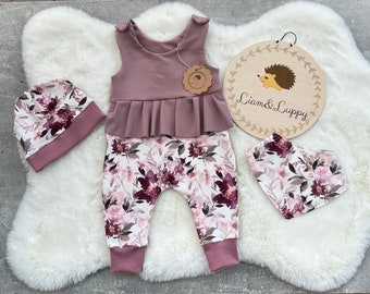 Baby Strampler Romper Latzhose Babyanzug Mädchen Strampler mit Rüschen Altrosa aquarell blumen Romantische Blumen Gr.38-92