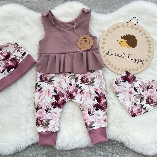 Baby Strampler Romper Latzhose Babyanzug Mädchen Strampler mit Rüschen Altrosa aquarell blumen Romantische Blumen Gr.38-92