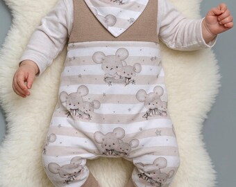 Baby Mouse Set – Dungarees, Hat & Scarf – Handmade Organic Cotton – Newborn Outfit, Gift for Birth, Baby Clothes Girl/Boy
