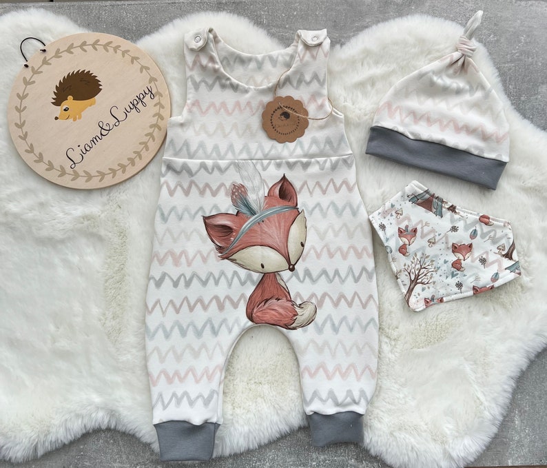 Newborn set/ 3-piece set/ newborn set/ baby set romper, hat and scarf forest animals/foxes 50-56, 62-68 image 2