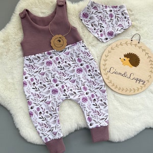Romper baby dungarees old pink purple flower meadow waffle knit jersey starter kit gift birth girl size 38-size 92