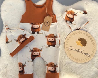 Baby romper set, rust-colored onesie, baby clothes, romper set, children's gift idea, romper hat and scarf, cows