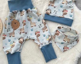 Baby set pants, hat and triangular scarf, initial equipment, new born set, boy bloomers, cute giraffes blue beige brown