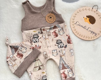 Baby Romper Romper Dungarees Baby Newborn Waffle Jersey Brown Beige Romper Pants French Terry Romper Forest Friends Squirrel Owl