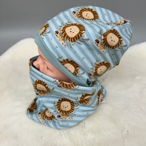 Set van muts en lus | Cadeau-idee baby kind unisex | Omkeerbare kindermuts en sjaal | cadeauset voor kinderen en baby&#39;s | mintkleurige leeuwen