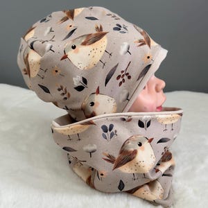 Set van muts en lus | cadeau idee baby kind unisex | Omkeerbare muts en sjaal voor kinderen | Cadeauset voor kinderen en baby&#39;s | Vogel beige
