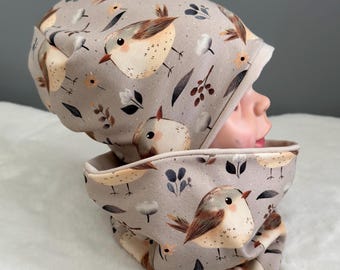 Set of beanie and loop | Gift idea baby child unisex | Children's reversible hat and scarf | Gift set for children and babies | Bird beige