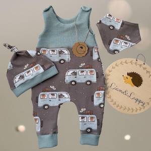 May include: A baby outfit set featuring a gray romper with a blue top, matching hat, and bib. The set is patterned with light blue vans carrying animals. A wooden tag with a hedgehog illustration and the text "Liam & Luppy" is also included.