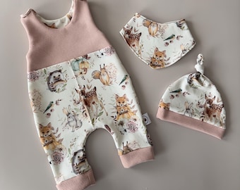 Handmade Baby Romper Set | Woodland Animals Dungarees with Hat & Scarf | Newborn Gift
