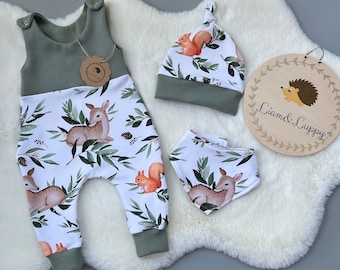 Romper baby one-piece, baby clothes, romper set children's gift idea romper hat and scarf wild animals, forest friends squirrels