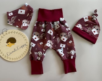 Conjunto bebé pantalón, gorro y bufanda triangular, primer equipamiento, conjunto recién nacido, bombacho niña niño escuela mágica gorros mágicos, búhos mágicos
