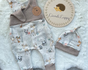 Barboteuse bébé barboteuse salopette bébé nouveau-né gaufré Jersey sable Beige barboteuse pantalon FrenchTerry barboteuse ensemble Forest Friends cerf