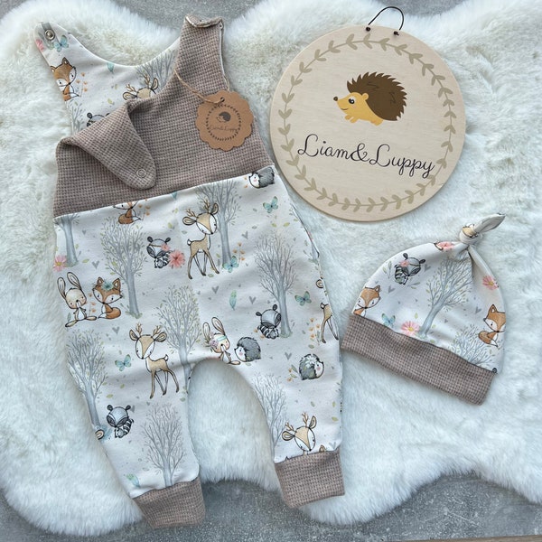 Baby Strampler Romper Latzhose Baby Newborn WaffelJersey  Sand Beige Romper Hose FrenchTerry Strampler Set Waldfreunde Reh