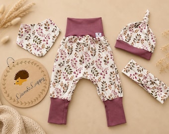 Baby Set Floral Girl – Harem Pants with Knotted Hat, Scarf & Headband – Handmade Baby Clothes – Newborn Gift – Size 50–98