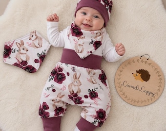 Handmade Bunny Baby Girl Set | Harem Pants, Knotted Hat & Scarf | Floral Newborn Outfit | Baby Gift for Girls | Boho
