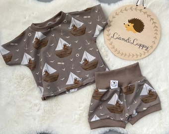 Set Junge ,Unisex Pumphose & Shirt, Babyset Babykleidung beige Braun Bären SommerSet kinder