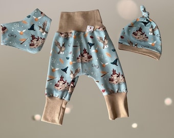 Conjunto para bebé: Pantalón harén, gorro y bandana, conjunto esencial para recién nacido: Escuela de Magia, Búhos, Azul/Beige