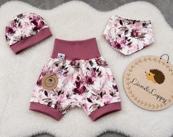 Pantalones cortos florales para bebé, pantalones cortos tipo harem para niñas, conjunto de verano para bebé con gorro y bufanda, pantalones que crecen con la bebé, regalo hecho a mano de algodón