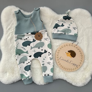 Baby Romper Romper Dungarees Baby Newborn Waffle Jersey Whales Whale Romper Pants French Terry unisex Romper Mint Petrol Gift Idea set