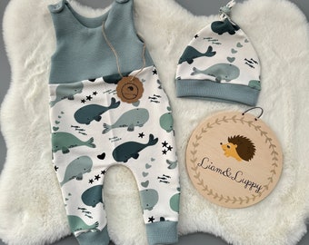 Baby Romper Romper Dungarees Baby Newborn Waffle Jersey Whales Whale Romper Pants French Terry unisex Romper Mint Petrol Gift Idea set