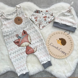 Newborn set/ 3-piece set/ newborn set/ baby set romper, hat and scarf forest animals/foxes 50-56, 62-68