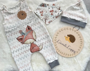 Newborn set/ 3-piece set/ newborn set/ baby set romper, hat and scarf forest animals/foxes 50-56, 62-68