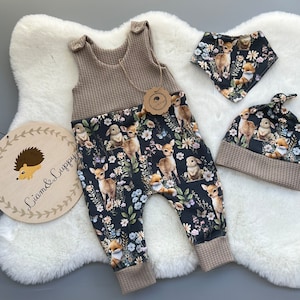 Romper baby beige one-piece, baby clothes, romper set children gift idea romper hat and scarf wild animals, forest friends