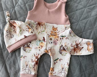 Baby Girl Set Handmade Romper Set Woodland Animals Boho Baby Clothes with Hat and Scarf Gift for Newborn