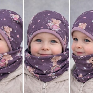 Beanie and Loop Set | Gift Idea for Baby/Girl | Reversible Hat and Scarf for Children | Gift Set for Children and Babies, Purple Mice