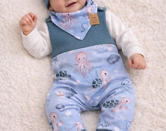 Baby Strampler Romper Latzhose Baby Newborn Waffel Jersey Mint Romper Hose French Terry WALE unisex  Romper Ozean, Unterwasserwelt