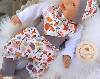 Baby set 50-56 62-68 74-80 trousers, hat and triangular scarf, initial equipment, newborn set Anker, Autumn , forest animals