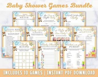 Teddy Bear Baby Shower Games Printable Pack, Blue Brown Baby Shower ...