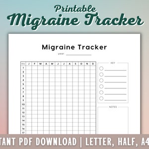 May include: Printable Migraine Tracker, a black and white calendar-style chart with a key and notes section. The chart is designed to track migraine frequency and severity.