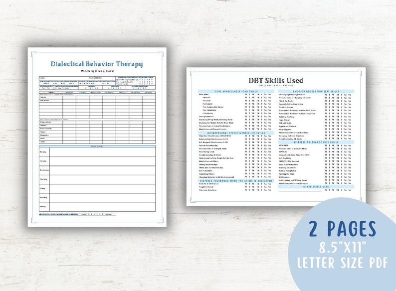 DBT Diary Cards Printable for Adults, Tracker, Reference, Dialectical ...